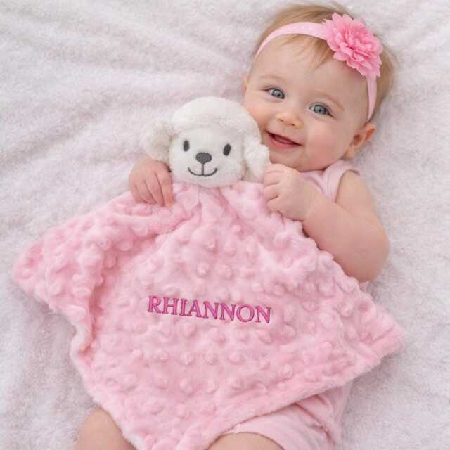 Personalised Baby Comforter Blankie. Lamb Personalized Stuffie Blanket, Embroidered Gift, Pink - image 1