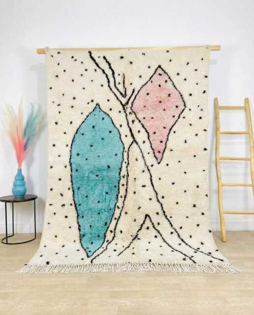 Teal Pink Leaf Rug, Bold Moroccan Wool Custom Geometric Berber Carpet, Large Area Shag Minimalist Home Decor - image 1