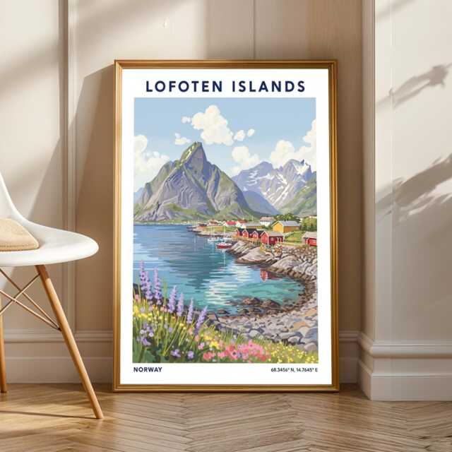 Lofoten Islands Vintage Gouache Art Print Scandinavian Coastal Landscape - image 1