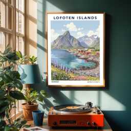 Lofoten Islands Vintage Gouache Art Print Scandinavian Coastal Landscape - thumbnail 2