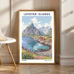 Lofoten Islands Vintage Gouache Art Print Scandinavian Coastal Landscape - thumbnail 1