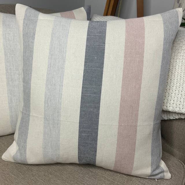 Cotton Linen Blend Cushion Cover, Nautical Pillow Cover John Lewis Penzance Stripe Furnishing Fabric, Blue - Pink Handmade in UK - image 1