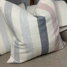 Cotton Linen Blend Cushion Cover, Nautical Pillow Cover John Lewis Penzance Stripe Furnishing Fabric, Blue - Pink Handmade in UK - thumbnail 2