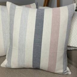 Cotton Linen Blend Cushion Cover, Nautical Pillow Cover John Lewis Penzance Stripe Furnishing Fabric, Blue - Pink Handmade in UK - thumbnail 1