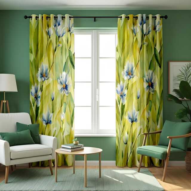 Soft Floral Watercolor Curtain, White & Blue Flowers With Green Leaves Drape, Fresh Spring Inspired Window Treatment, Custom Size Available - image 1
