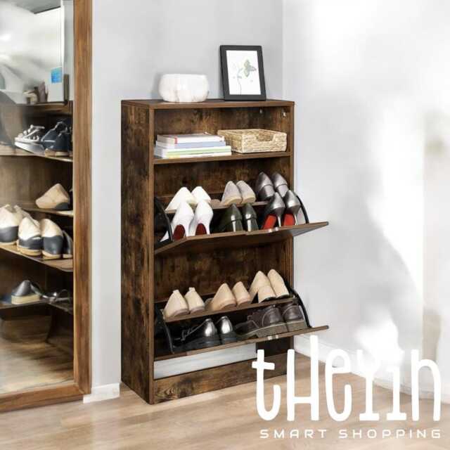 Rustic Shoe Cabinet, Dark Brown Rack, Industrial Cabinet 2 Flaps, Hallway Storage Furniture Open Shelf - image 1