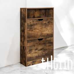Rustic Shoe Cabinet, Dark Brown Rack, Industrial Cabinet 2 Flaps, Hallway Storage Furniture Open Shelf - thumbnail 2