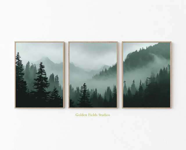 Misty Forest Print Set Dark Green Mountain Landscape Wall Art - image 1