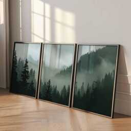 Misty Forest Print Set Dark Green Mountain Landscape Wall Art - thumbnail 3