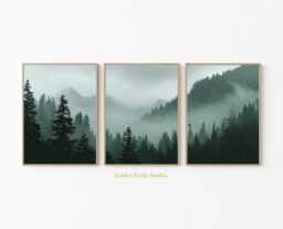 Misty Forest Print Set Dark Green Mountain Landscape Wall Art - thumbnail 1