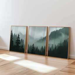 Misty Forest Print Set Dark Green Mountain Landscape Wall Art - thumbnail 2