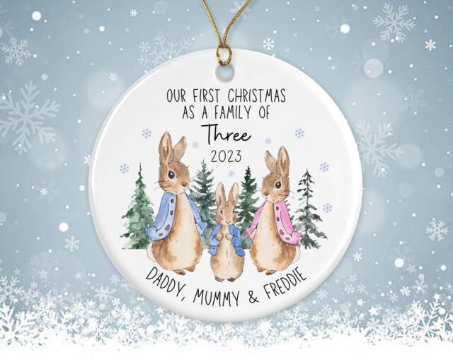 First Christmas As A Three - Peter Rabbit Tree Decoration Ornament Ceramic Bauble Keepsake Gift Personalised New Family 1st Xmas - image 1