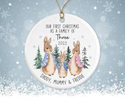 First Christmas As A Three - Peter Rabbit Tree Decoration Ornament Ceramic Bauble Keepsake Gift Personalised New Family 1st Xmas - thumbnail 1