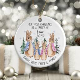 First Christmas As A Three - Peter Rabbit Tree Decoration Ornament Ceramic Bauble Keepsake Gift Personalised New Family 1st Xmas - thumbnail 4