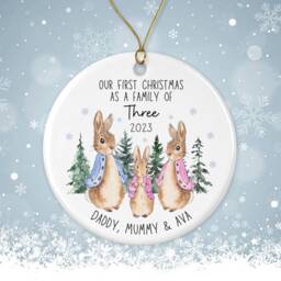First Christmas As A Three - Peter Rabbit Tree Decoration Ornament Ceramic Bauble Keepsake Gift Personalised New Family 1st Xmas - thumbnail 2