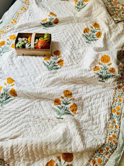 Hand Block Print Cotton Quilt Reversible Orange Floral All Season Bedspread - image 1