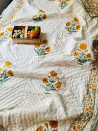 Hand Block Print Cotton Quilt Reversible Orange Floral All Season Bedspread