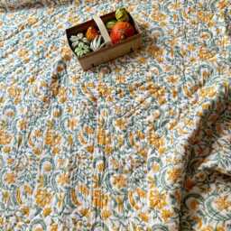 Hand Block Print Cotton Quilt Reversible Orange Floral All Season Bedspread - thumbnail 3