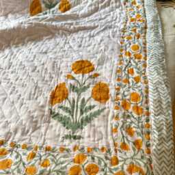 Hand Block Print Cotton Quilt Reversible Orange Floral All Season Bedspread - thumbnail 2