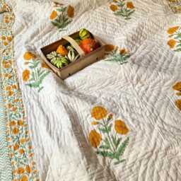 Hand Block Print Cotton Quilt Reversible Orange Floral All Season Bedspread - thumbnail 4