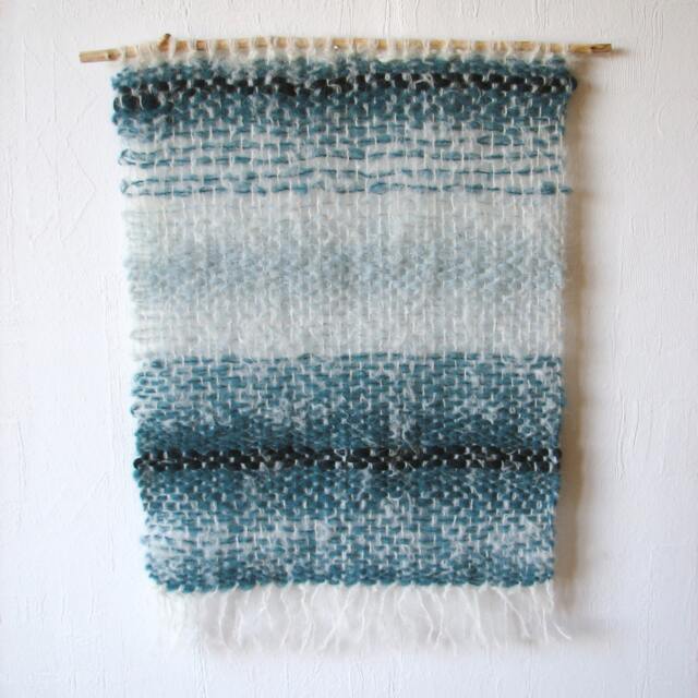 Mohair Woven Wall Hanging Cyan Ivory Boho Tapestry - image 1