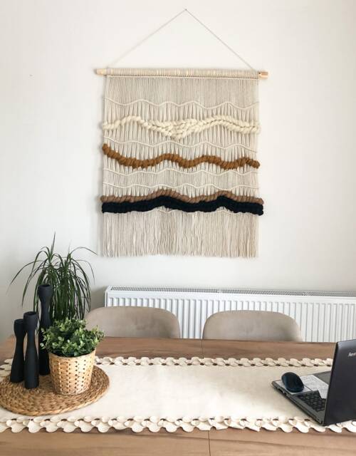 Large Macrame Wall Hanging, Minimalist Neutral Wool Decoration, Boho Decor, Abstract Long Tapestry, Textile Bohemian Decor - image 1