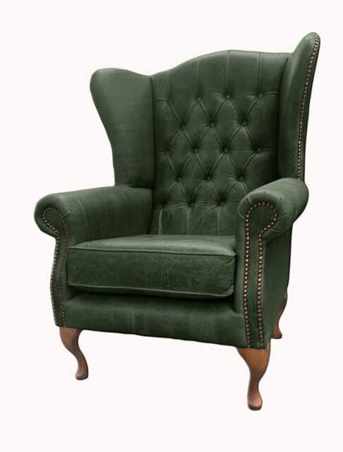 Chesterfield High Back Wing Chair - Presented in Genuine Vintage Green Leather The Kensington - image 1