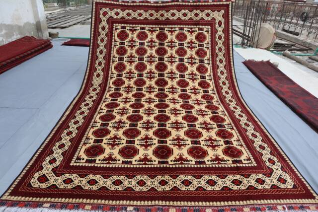 7x10 Traditional Turkoman Waziri Old Style Tribal Rug - Beige Handmade Veg Dyes Wool Large Bukhara Rug, Oriental Afghan Collectibles Carpet - image 1