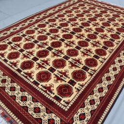 7x10 Traditional Turkoman Waziri Old Style Tribal Rug - Beige Handmade Veg Dyes Wool Large Bukhara Rug, Oriental Afghan Collectibles Carpet - thumbnail 2