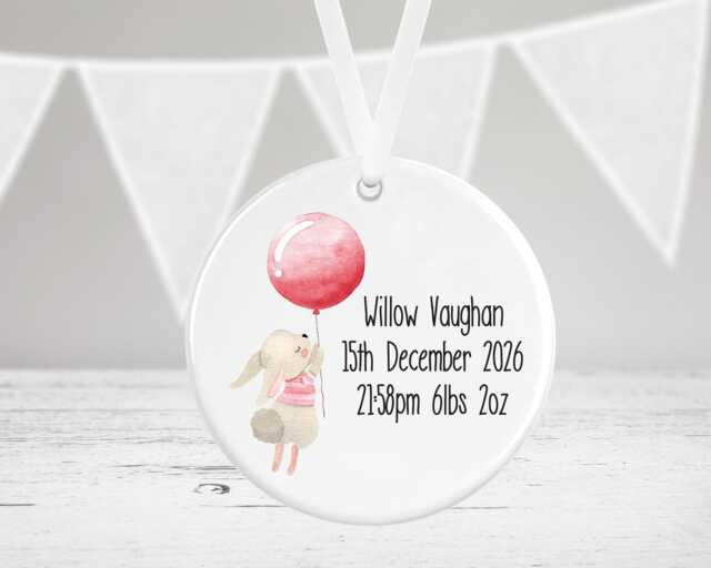 Personalised New Baby Ceramic Decoration - Girl Keepsake Plaque Newborn Gift Born Bauble Bunny Pink