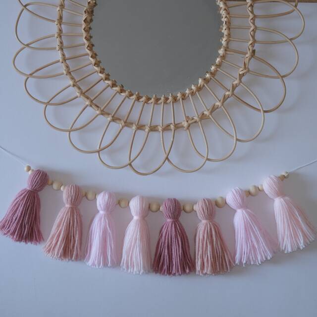 Tassel Garland - Custom Nursery Decor Bunting Wall Hanging Boho Yarn Pink Shelf - image 1