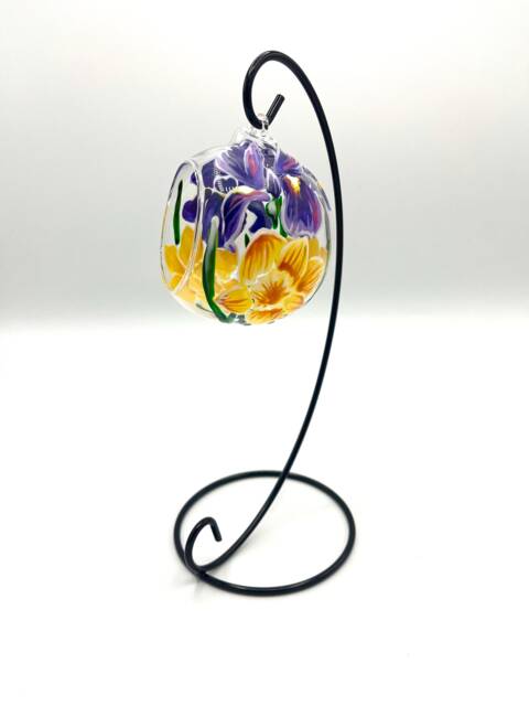 Hand Painted Tealight Holder/Iris & Daffodils Hanging Glass Sphere With Ornament Stand - image 1
