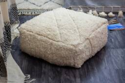 Moroccan Kilim Pouf , Floor Pillow , Handmade , 100% Wool Ivory, Size 64x64x25 cm - thumbnail 1
