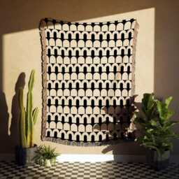 Beige & Black Arches Mid Century Modern Woven Cotton Throw Blankets - thumbnail 2