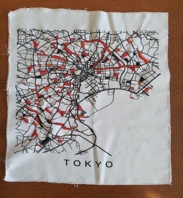 Tokyo Map Hand Embroidery Mixed Media Fabric Wall Art - image 1