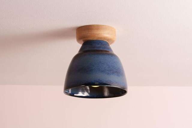 Blue Small Element Flush Mount Ceiling Light in Ceramic & Oak - image 1