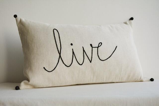 Live Linen Pillow , Hand Embroidery On Ecru Cotton Cushion Cover Message Christmas Decor Holiday - image 1