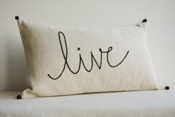 Live Linen Pillow , Hand Embroidery On Ecru Cotton Cushion Cover Message Christmas Decor Holiday - thumbnail 1