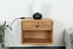 Floating Nightstand With Fluted Drawer & Open Shelf in Solid Oak - Natural