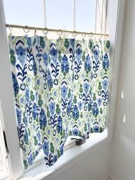 Blue Green Ikat Cafe Curtain Modern Window Treatment, Perfect For Bathrooms, Kitchens - thumbnail 1