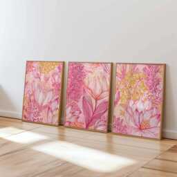 Pink Floral Wall Art Prints Set Of 3, Modern Botanical Posters, Vibrant Flower Artwork For Living Room, Bedroom Or Contemporary Home Decor - thumbnail 1