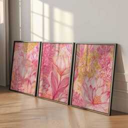 Pink Floral Wall Art Prints Set Of 3, Modern Botanical Posters, Vibrant Flower Artwork For Living Room, Bedroom Or Contemporary Home Decor - thumbnail 2