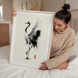 Japanese Crane Ink Art Print, Minimalist Sumi-E Bird Wall Art, Elegant Poster - thumbnail 3