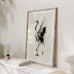 Japanese Crane Ink Art Print, Minimalist Sumi-E Bird Wall Art, Elegant Poster - thumbnail 2