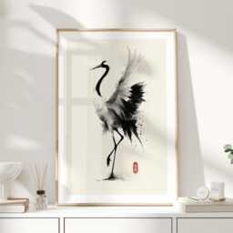 Japanese Crane Ink Art Print, Minimalist Sumi-E Bird Wall Art, Elegant Poster - thumbnail 1
