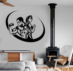 Wall Vinyl Decal Sport Fitness Fit Man & Woman Work Out Routine Bodybuilding Gym Modern Home Decor - #1215Dz - thumbnail 1