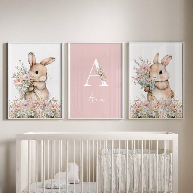 Girls Nursery Prints, Set Of 3 Personalised Pink Bunny Prints For Baby Room, Decor Wall Art - image 1