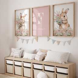 Girls Nursery Prints, Set Of 3 Personalised Pink Bunny Prints For Baby Room, Decor Wall Art - thumbnail 2