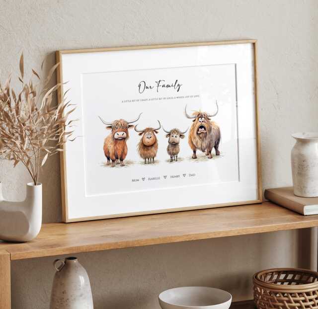 Personalised Highland Cow Family Print - Custom Farm Animal Illustration, Gift For Mum, Nursery Decor, Birthday & Mother's Day - image 1