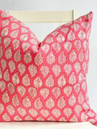 Block Print Pillow Pink Leaf Design, Hmong Hemp Boho Decor - thumbnail 1
